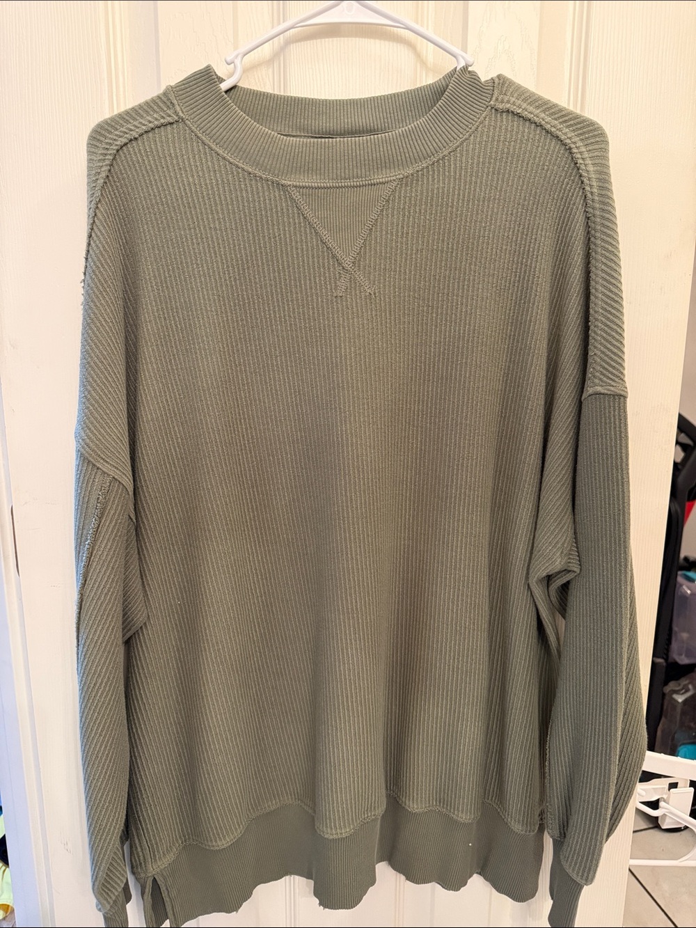 aerie Olive Green Waffle-Knit Crewneck Sweater